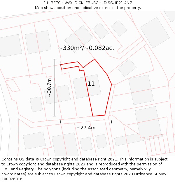 11, BEECH WAY, DICKLEBURGH, DISS, IP21 4NZ: Plot and title map