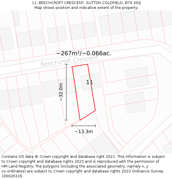 11, BEECHCROFT CRESCENT, SUTTON COLDFIELD, B74 3SQ: Plot and title map