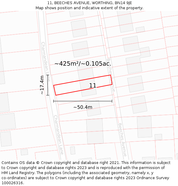 11, BEECHES AVENUE, WORTHING, BN14 9JE: Plot and title map