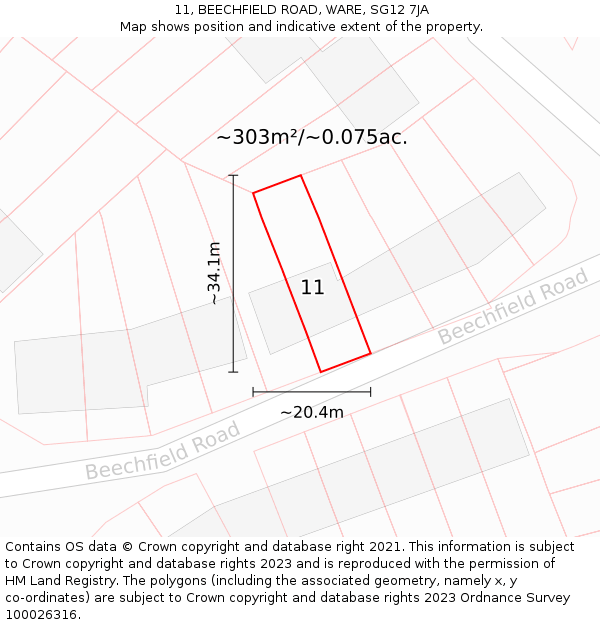 11, BEECHFIELD ROAD, WARE, SG12 7JA: Plot and title map