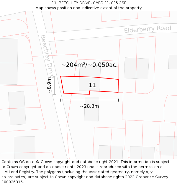 11, BEECHLEY DRIVE, CARDIFF, CF5 3SF: Plot and title map