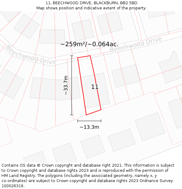 11, BEECHWOOD DRIVE, BLACKBURN, BB2 5BD: Plot and title map