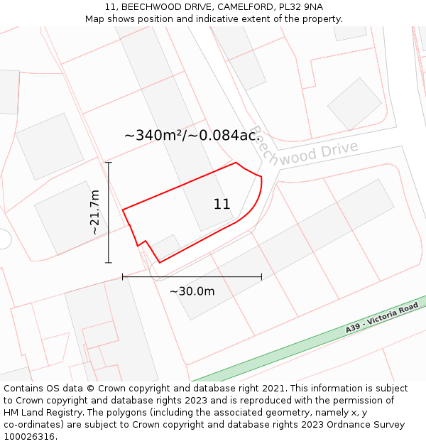 11, BEECHWOOD DRIVE, CAMELFORD, PL32 9NA: Plot and title map