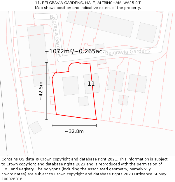11, BELGRAVIA GARDENS, HALE, ALTRINCHAM, WA15 0JT: Plot and title map