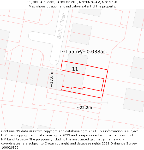 11, BELLA CLOSE, LANGLEY MILL, NOTTINGHAM, NG16 4HF: Plot and title map