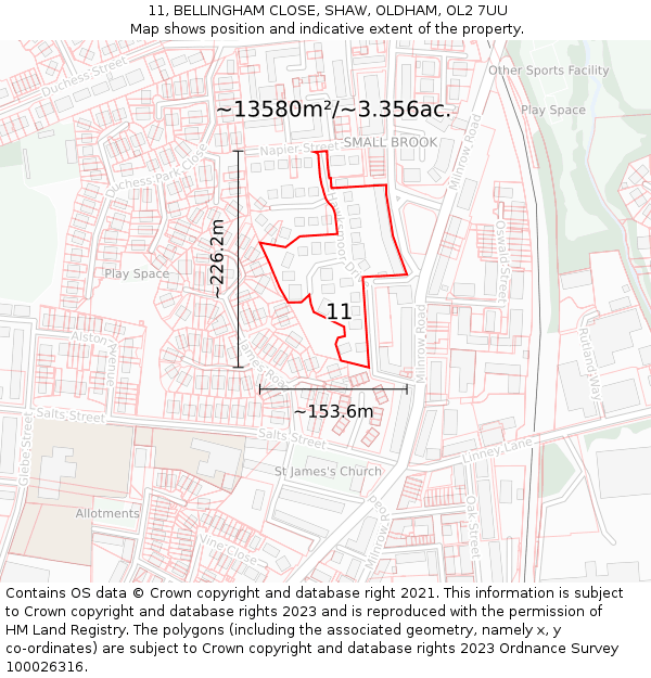 11, BELLINGHAM CLOSE, SHAW, OLDHAM, OL2 7UU: Plot and title map