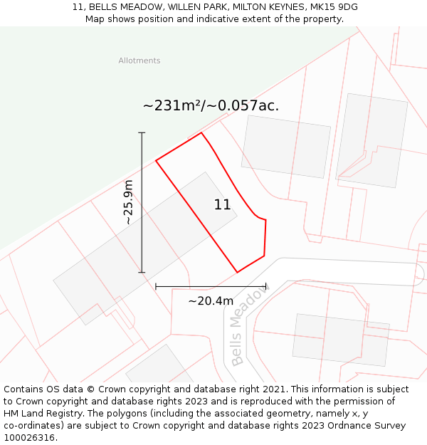 11, BELLS MEADOW, WILLEN PARK, MILTON KEYNES, MK15 9DG: Plot and title map