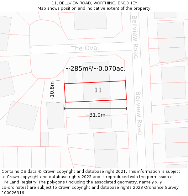 11, BELLVIEW ROAD, WORTHING, BN13 1EY: Plot and title map