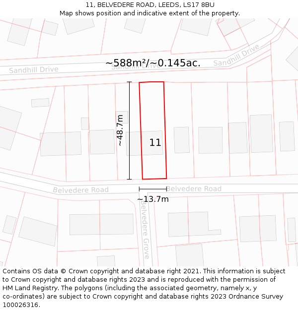 11, BELVEDERE ROAD, LEEDS, LS17 8BU: Plot and title map