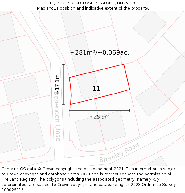 11, BENENDEN CLOSE, SEAFORD, BN25 3PG: Plot and title map