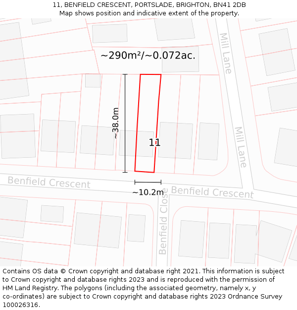 11, BENFIELD CRESCENT, PORTSLADE, BRIGHTON, BN41 2DB: Plot and title map