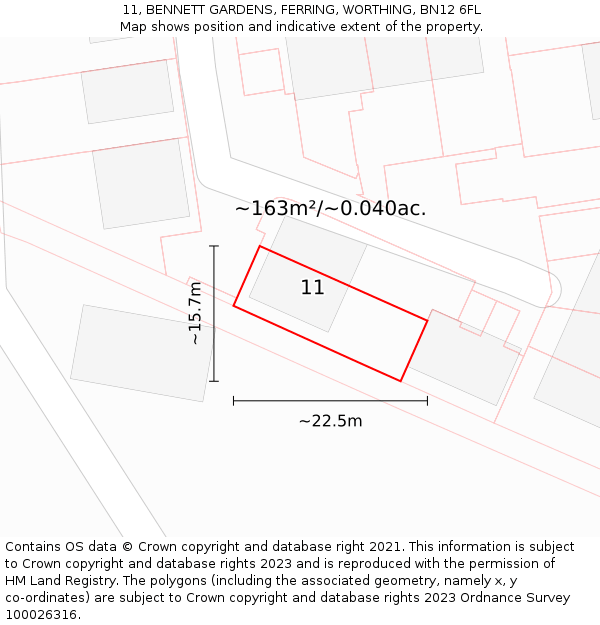 11, BENNETT GARDENS, FERRING, WORTHING, BN12 6FL: Plot and title map