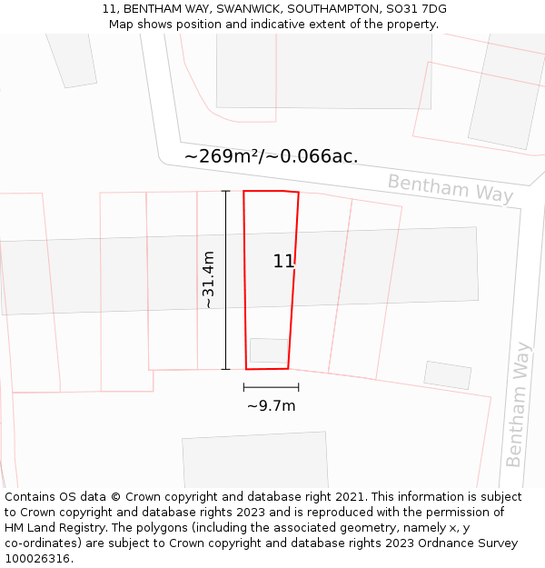 11, BENTHAM WAY, SWANWICK, SOUTHAMPTON, SO31 7DG: Plot and title map