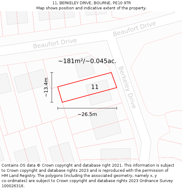 11, BERKELEY DRIVE, BOURNE, PE10 9TR: Plot and title map