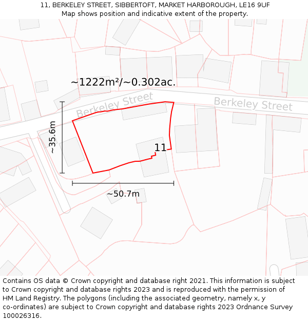 11, BERKELEY STREET, SIBBERTOFT, MARKET HARBOROUGH, LE16 9UF: Plot and title map