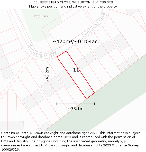 11, BERRISTEAD CLOSE, WILBURTON, ELY, CB6 3RS: Plot and title map