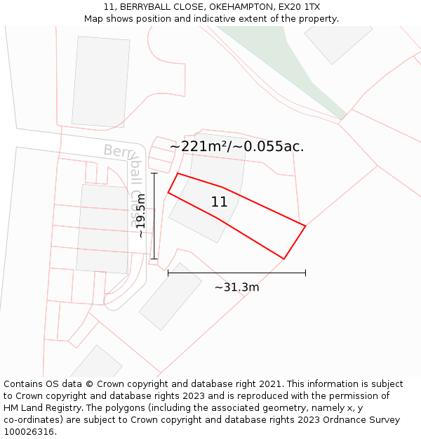 11, BERRYBALL CLOSE, OKEHAMPTON, EX20 1TX: Plot and title map