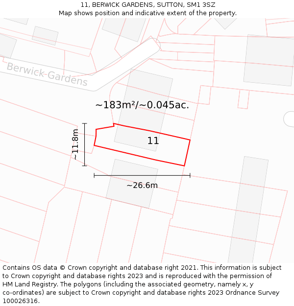 11, BERWICK GARDENS, SUTTON, SM1 3SZ: Plot and title map