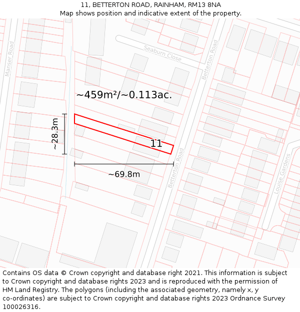 11, BETTERTON ROAD, RAINHAM, RM13 8NA: Plot and title map