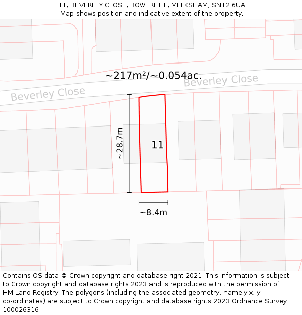 11, BEVERLEY CLOSE, BOWERHILL, MELKSHAM, SN12 6UA: Plot and title map