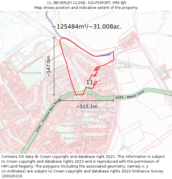 11, BEVERLEY CLOSE, SOUTHPORT, PR9 8JS: Plot and title map
