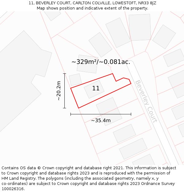 11, BEVERLEY COURT, CARLTON COLVILLE, LOWESTOFT, NR33 8JZ: Plot and title map