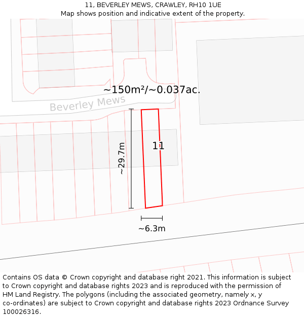 11, BEVERLEY MEWS, CRAWLEY, RH10 1UE: Plot and title map
