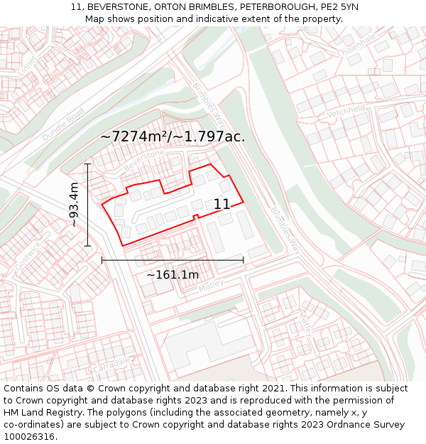 11, BEVERSTONE, ORTON BRIMBLES, PETERBOROUGH, PE2 5YN: Plot and title map