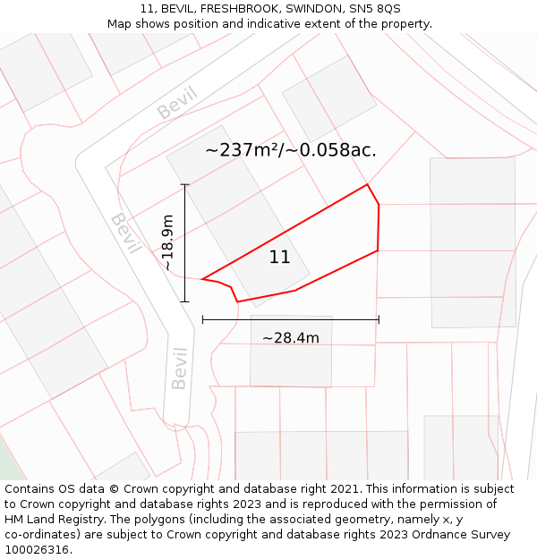 11, BEVIL, FRESHBROOK, SWINDON, SN5 8QS: Plot and title map