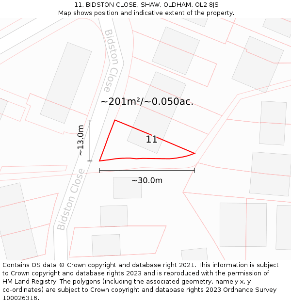 11, BIDSTON CLOSE, SHAW, OLDHAM, OL2 8JS: Plot and title map