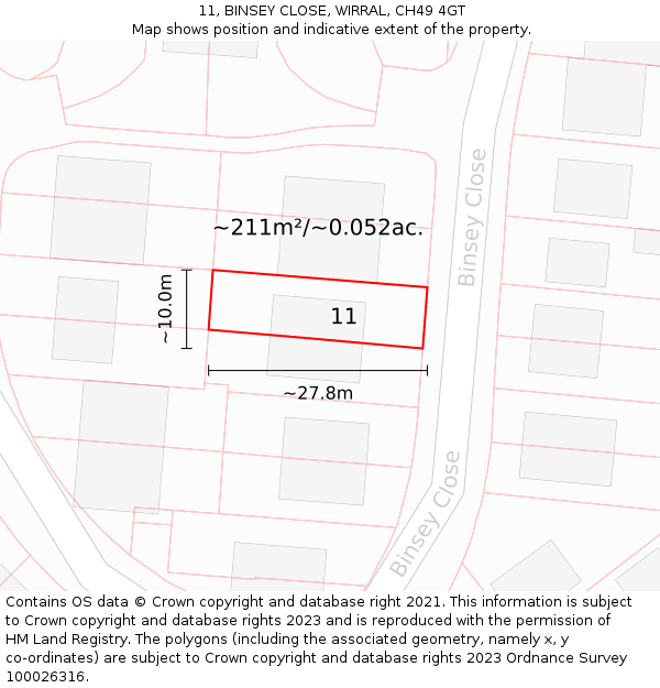 11, BINSEY CLOSE, WIRRAL, CH49 4GT: Plot and title map