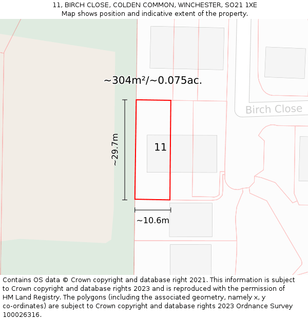 11, BIRCH CLOSE, COLDEN COMMON, WINCHESTER, SO21 1XE: Plot and title map