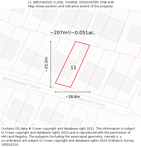 11, BIRCHWOOD CLOSE, THORNE, DONCASTER, DN8 4HR: Plot and title map