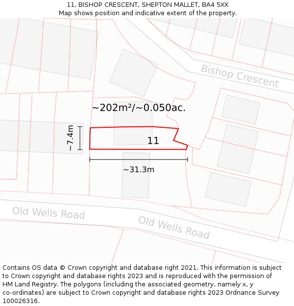 11, BISHOP CRESCENT, SHEPTON MALLET, BA4 5XX: Plot and title map