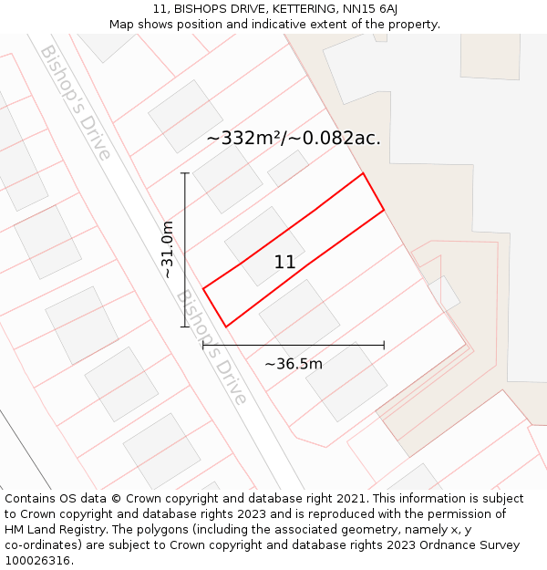 11, BISHOPS DRIVE, KETTERING, NN15 6AJ: Plot and title map