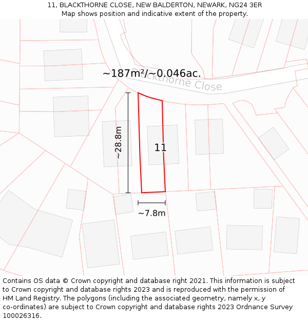 11, BLACKTHORNE CLOSE, NEW BALDERTON, NEWARK, NG24 3ER: Plot and title map