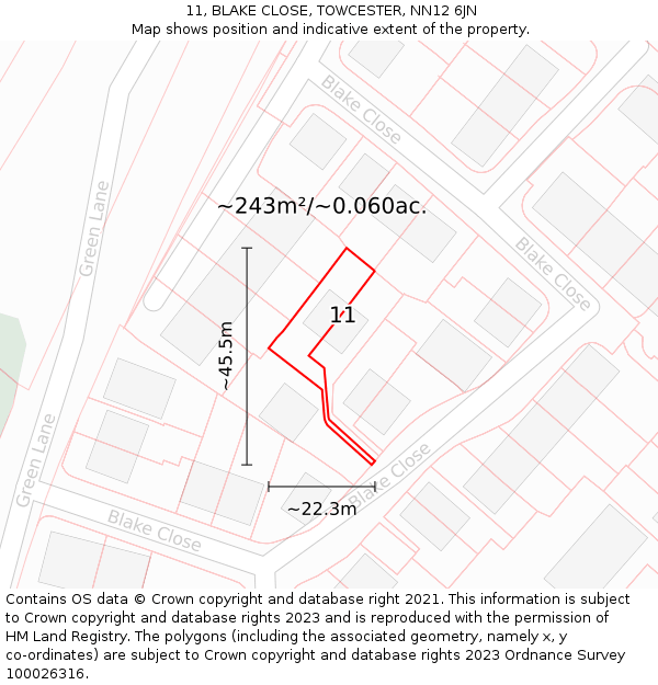 11, BLAKE CLOSE, TOWCESTER, NN12 6JN: Plot and title map