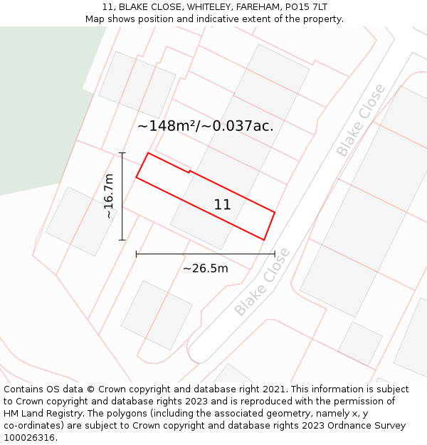11, BLAKE CLOSE, WHITELEY, FAREHAM, PO15 7LT: Plot and title map