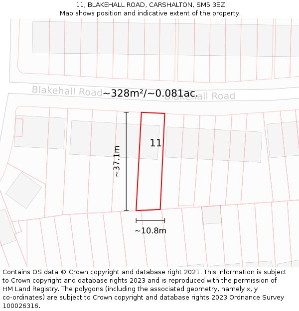 11, BLAKEHALL ROAD, CARSHALTON, SM5 3EZ: Plot and title map