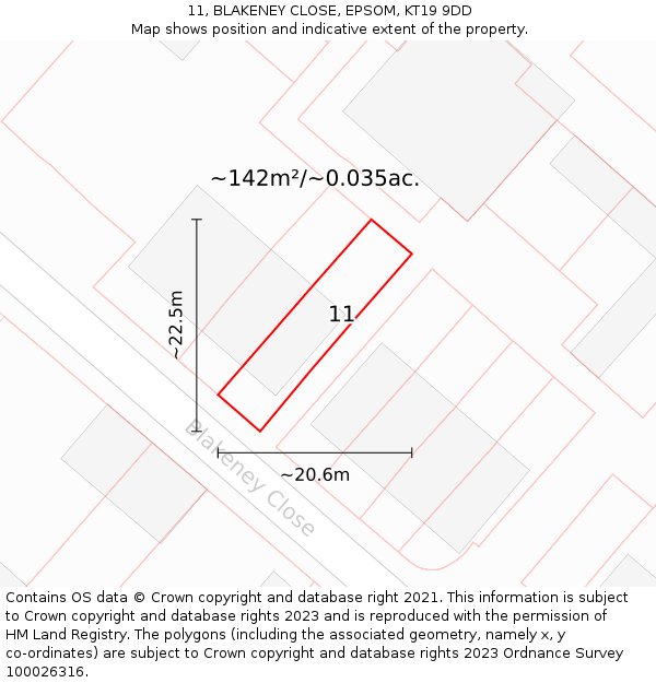 11, BLAKENEY CLOSE, EPSOM, KT19 9DD: Plot and title map
