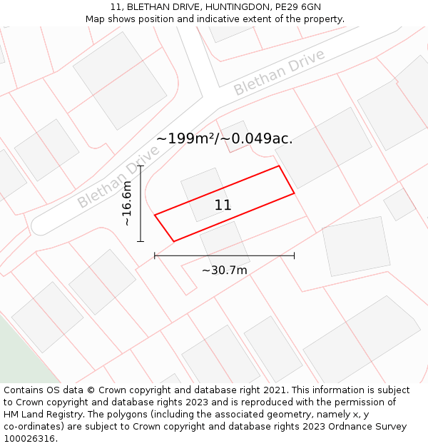 11, BLETHAN DRIVE, HUNTINGDON, PE29 6GN: Plot and title map