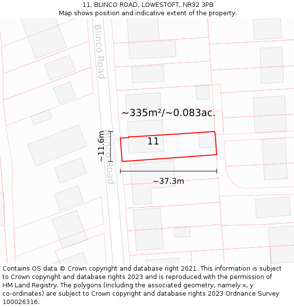 11, BLINCO ROAD, LOWESTOFT, NR32 3PB: Plot and title map