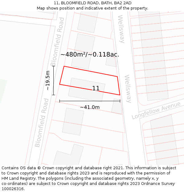 11, BLOOMFIELD ROAD, BATH, BA2 2AD: Plot and title map
