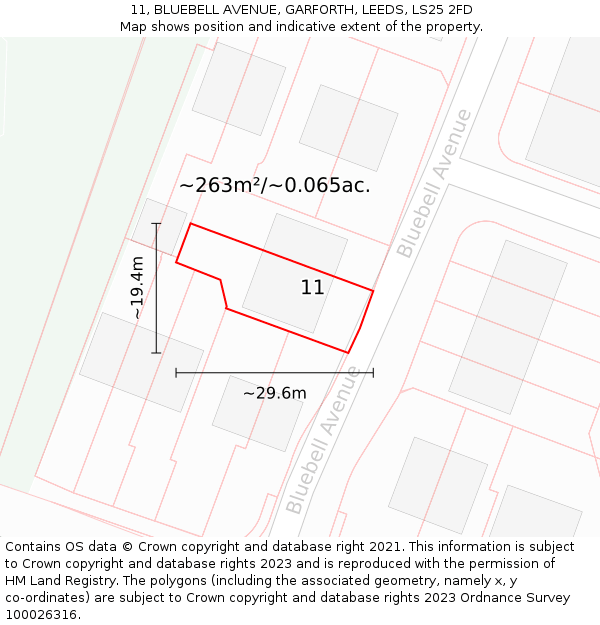 11, BLUEBELL AVENUE, GARFORTH, LEEDS, LS25 2FD: Plot and title map