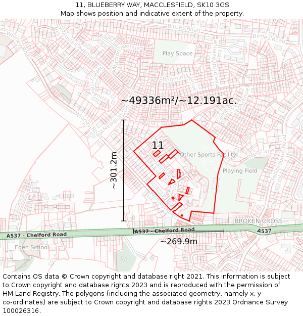 11, BLUEBERRY WAY, MACCLESFIELD, SK10 3GS: Plot and title map