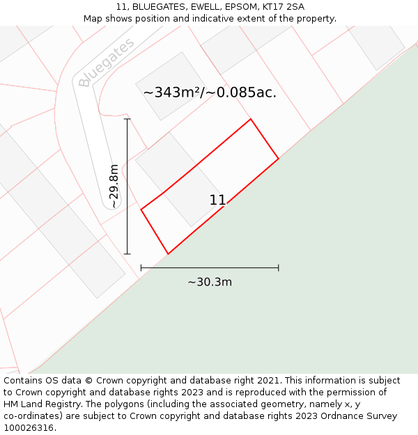11, BLUEGATES, EWELL, EPSOM, KT17 2SA: Plot and title map