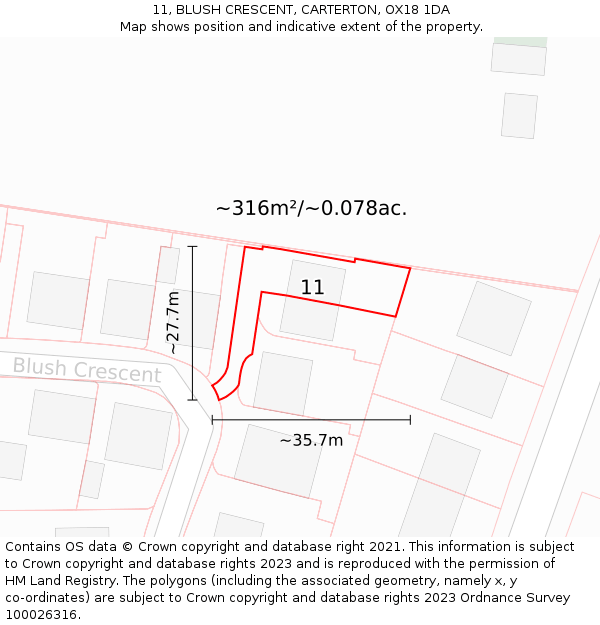11, BLUSH CRESCENT, CARTERTON, OX18 1DA: Plot and title map