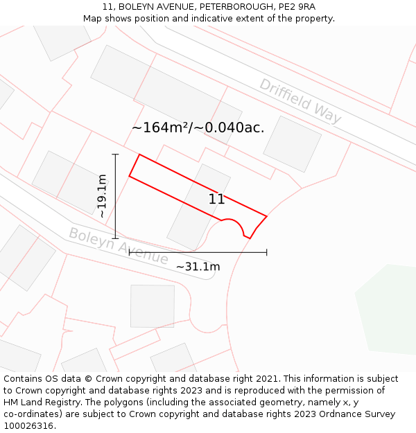 11, BOLEYN AVENUE, PETERBOROUGH, PE2 9RA: Plot and title map