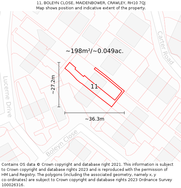 11, BOLEYN CLOSE, MAIDENBOWER, CRAWLEY, RH10 7QJ: Plot and title map