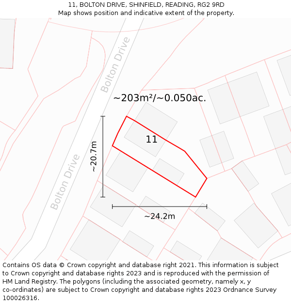 11, BOLTON DRIVE, SHINFIELD, READING, RG2 9RD: Plot and title map